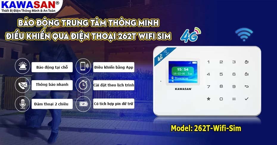 Bộ báo trộm trung tâm không dây dùng sim và wifi Kawasan 262T-WiFi-SIM