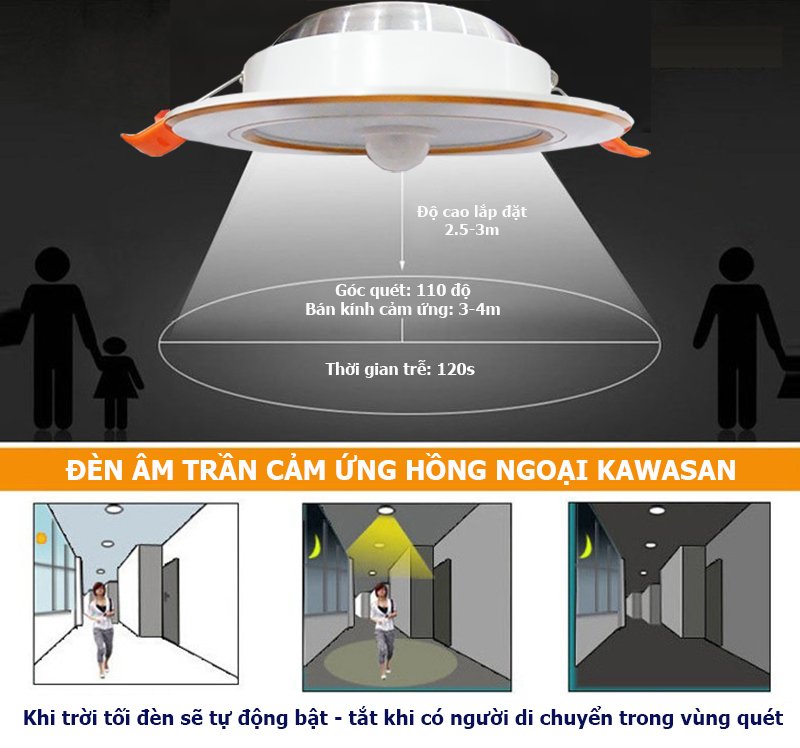 Đèn cảm ứng hồng ngoại âm trần Kawasan DSB9W